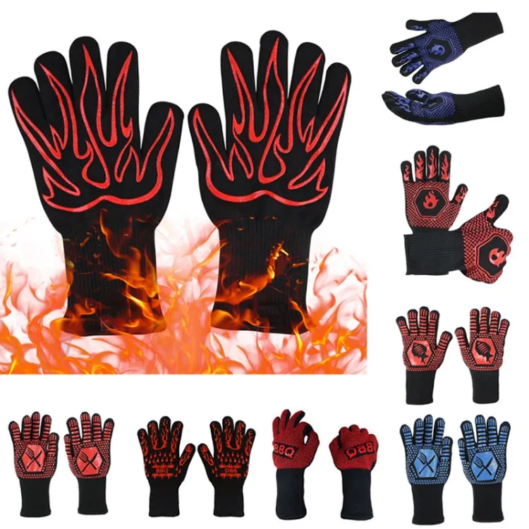 1 Pair High Temperature Resistant Silicone BBQ Gloves  Anti-Scalding Gloves(Flame Dots Red)