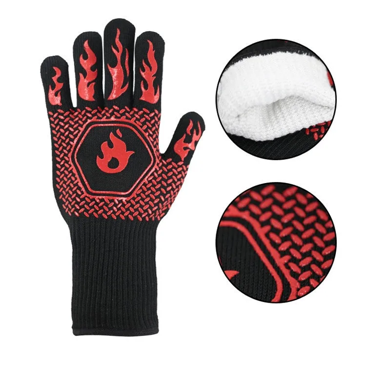 1 Pair High Temperature Resistant Silicone BBQ Gloves  Anti-Scalding Gloves(Flame Dots Red)