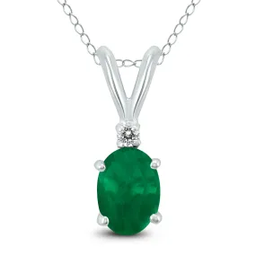 14K White Gold 6X4Mm Oval Emerald And Diamond Pendant