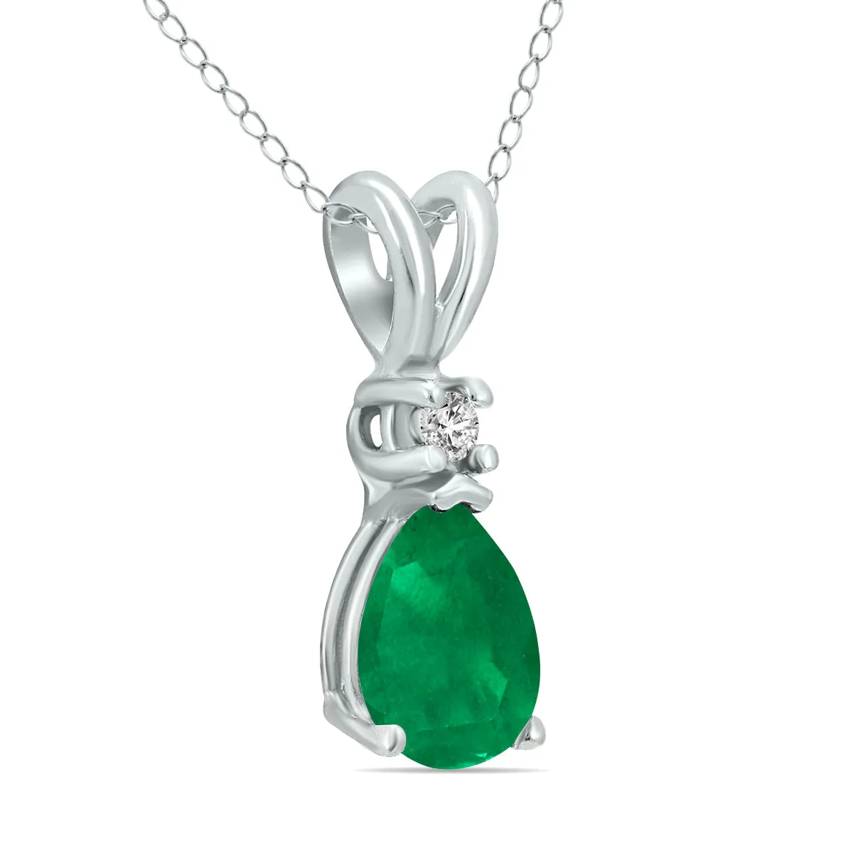 14K White Gold 6X4Mm Pear Emerald And Diamond Pendant
