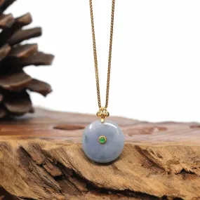 14K Yellow Gold "Good Luck Button" Necklace Lavender Green Jadeite Jade Pendant Necklace