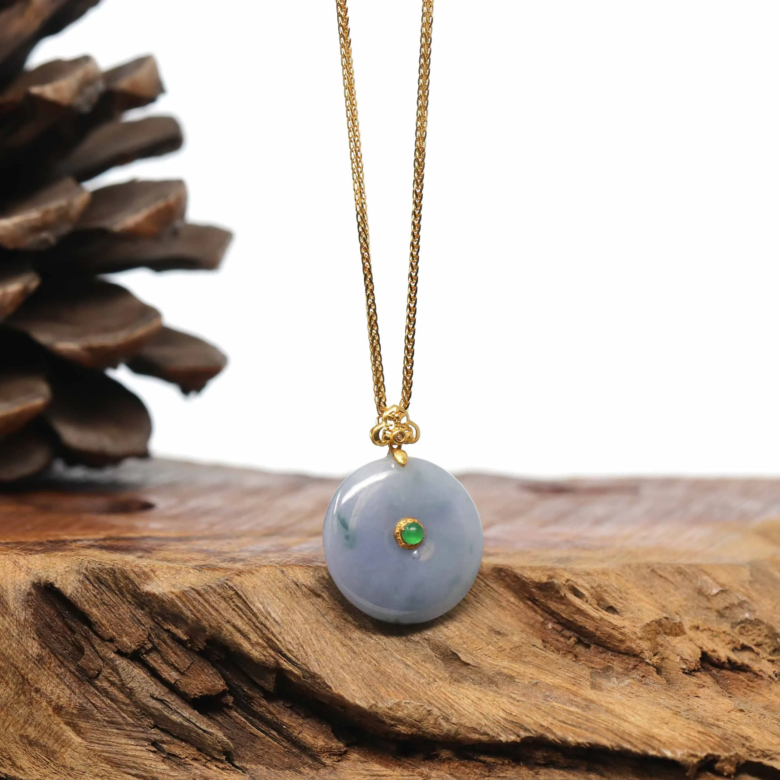 14K Yellow Gold "Good Luck Button" Necklace Lavender Green Jadeite Jade Pendant Necklace