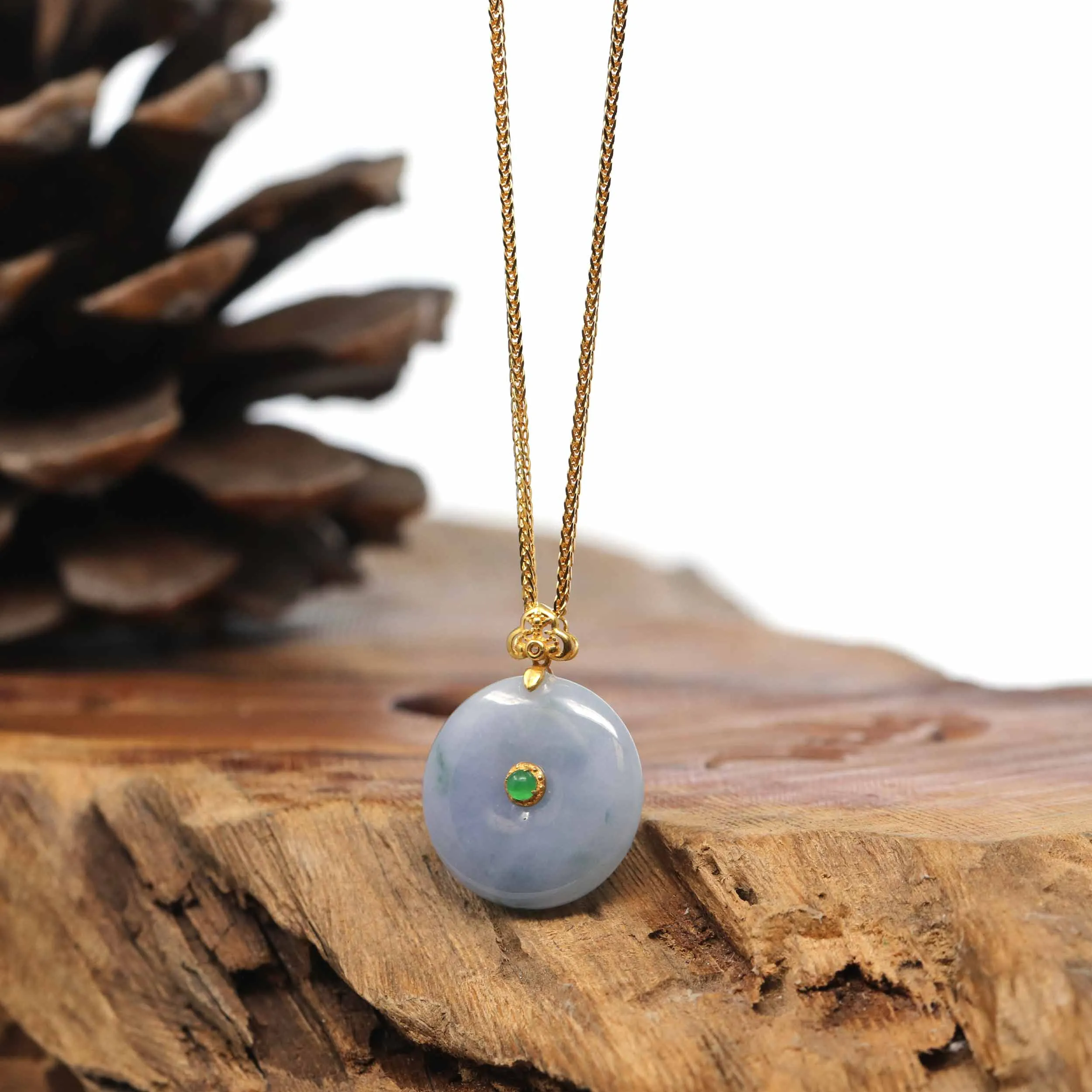14K Yellow Gold "Good Luck Button" Necklace Lavender Green Jadeite Jade Pendant Necklace