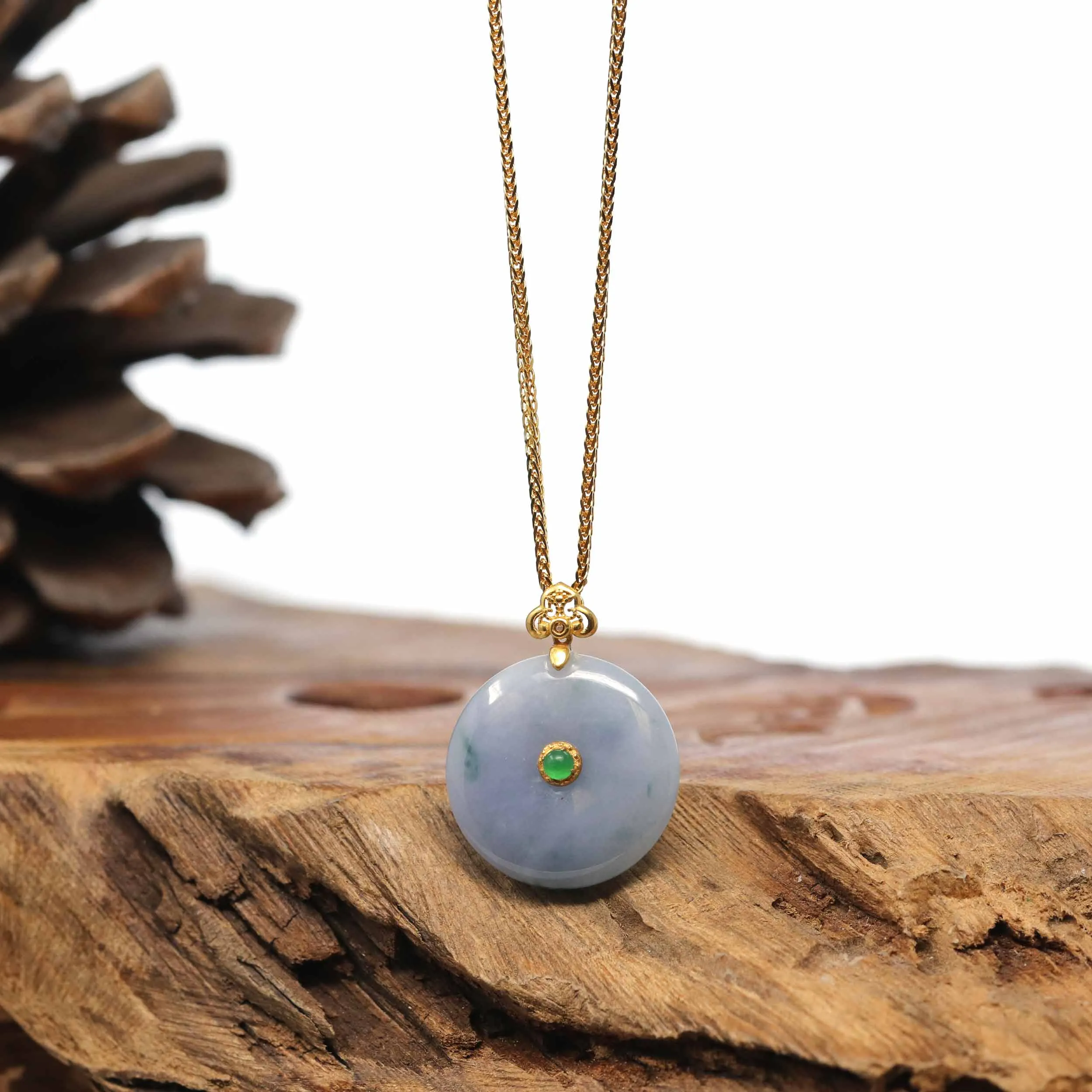 14K Yellow Gold "Good Luck Button" Necklace Lavender Green Jadeite Jade Pendant Necklace