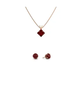 18K Rose Gold 1/2ct Ruby Square 18 Inch Necklace and Round Earrings Set Plated