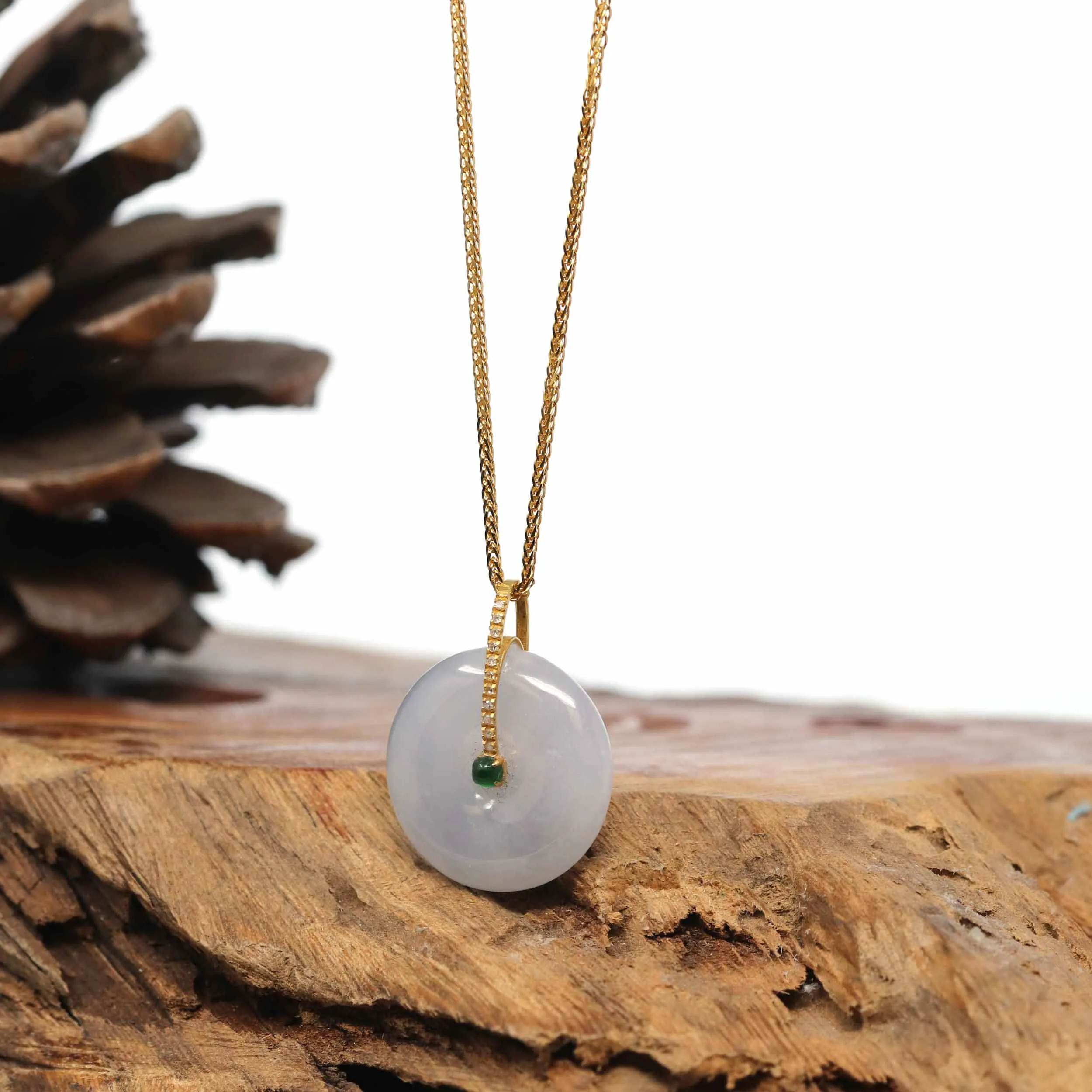 18K Yellow Gold "Good Luck Button" Necklace Ice Jadeite Jade Pendant Necklace
