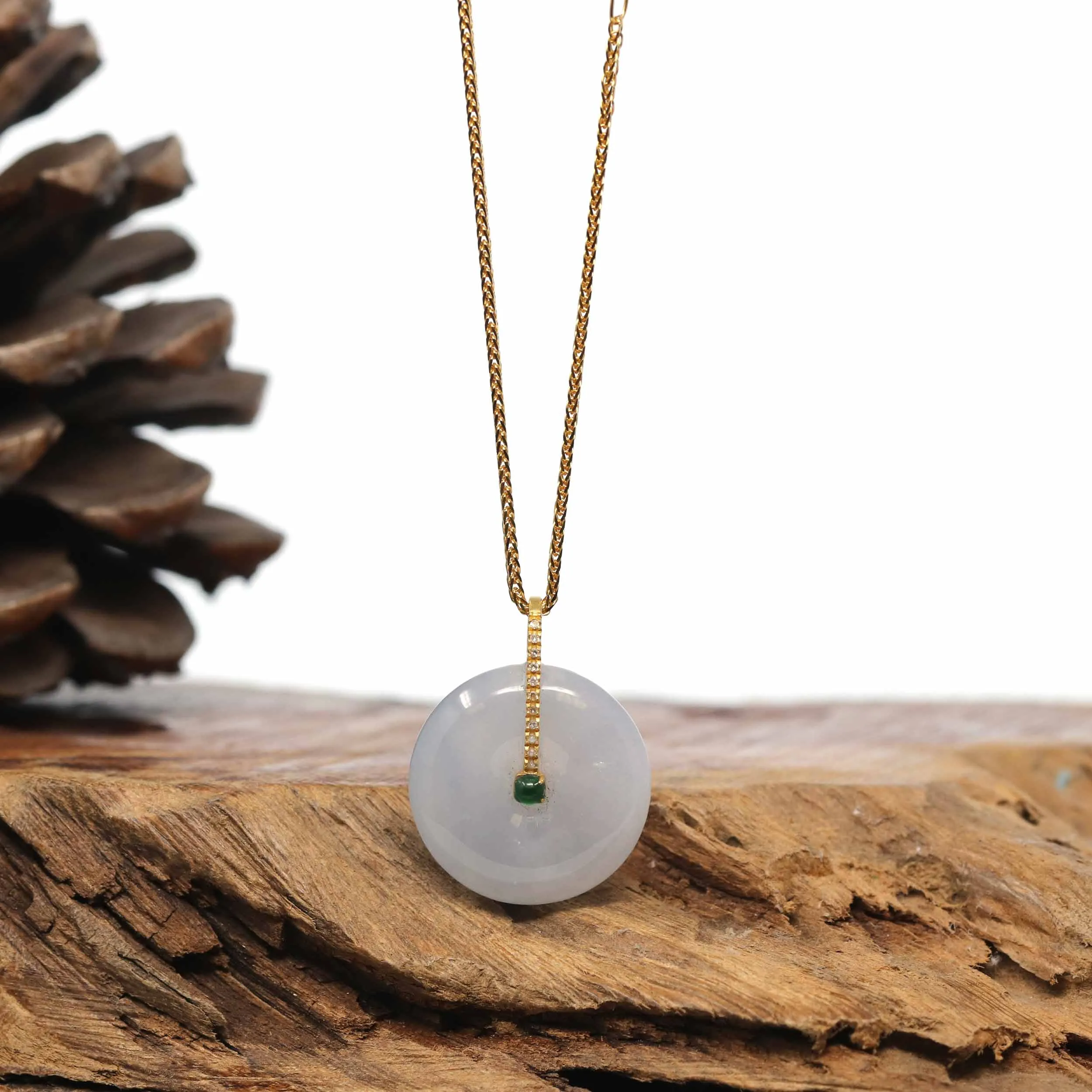 18K Yellow Gold "Good Luck Button" Necklace Ice Jadeite Jade Pendant Necklace
