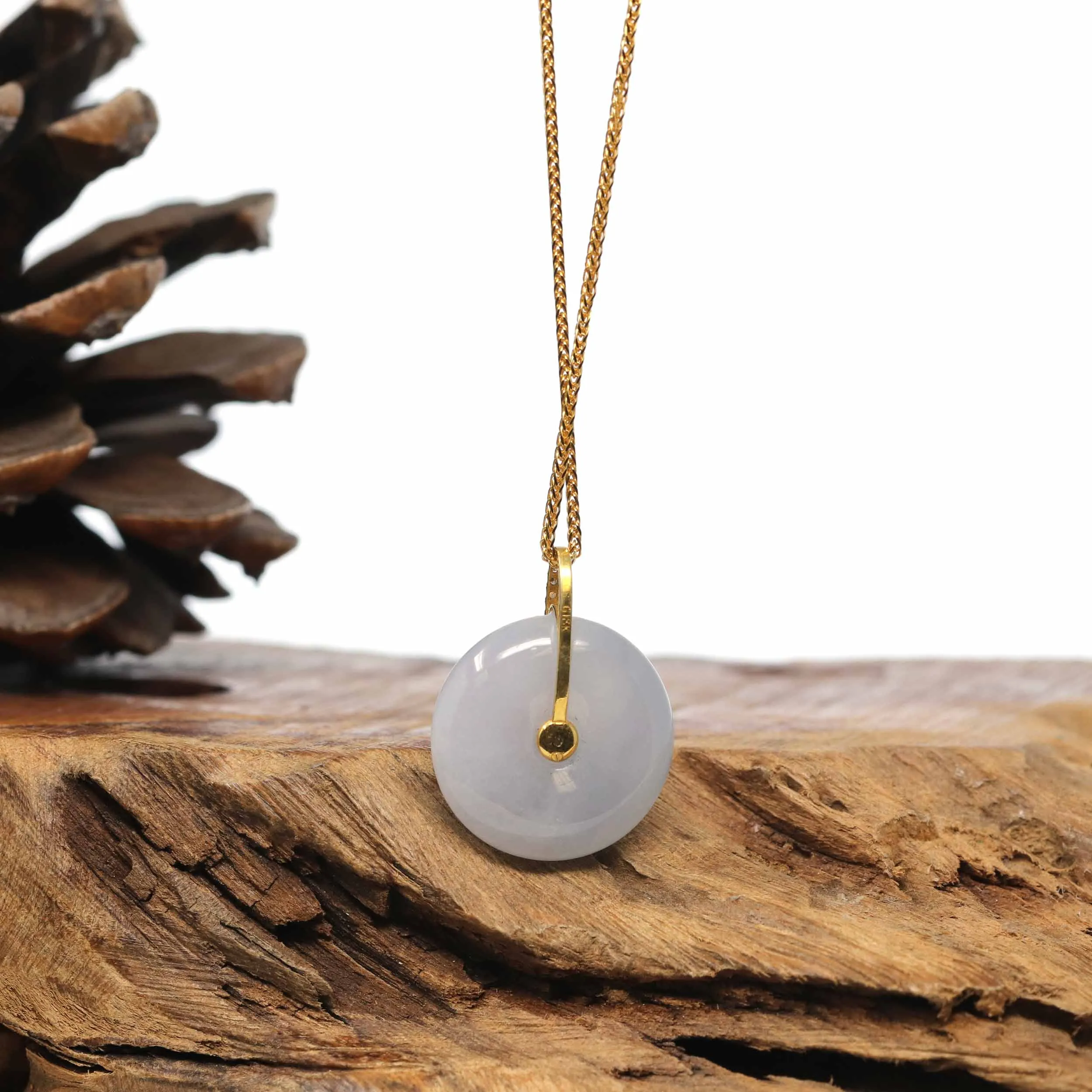 18K Yellow Gold "Good Luck Button" Necklace Ice Jadeite Jade Pendant Necklace