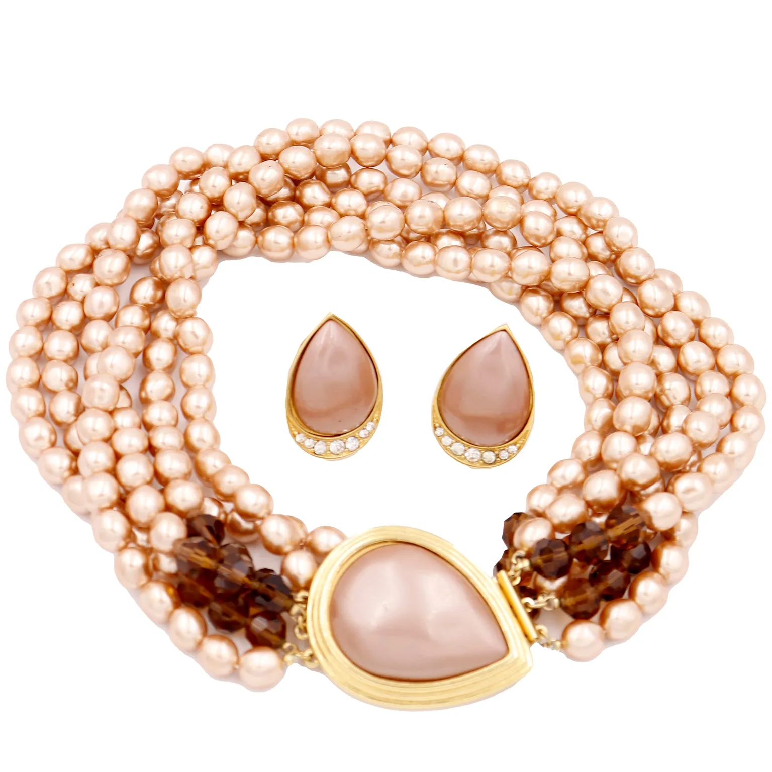 1980s Yves Saint Laurent Faux Pearl & Crystal Necklace w Teardrop Earrings