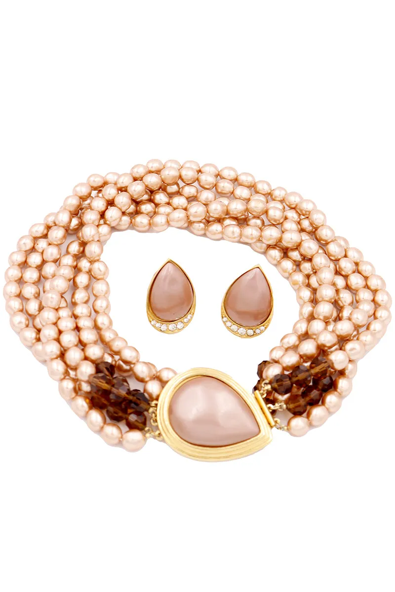 1980s Yves Saint Laurent Faux Pearl & Crystal Necklace w Teardrop Earrings