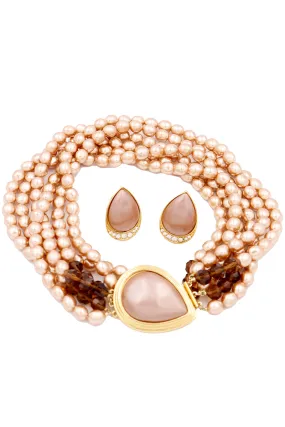 1980s Yves Saint Laurent Faux Pearl & Crystal Necklace w Teardrop Earrings