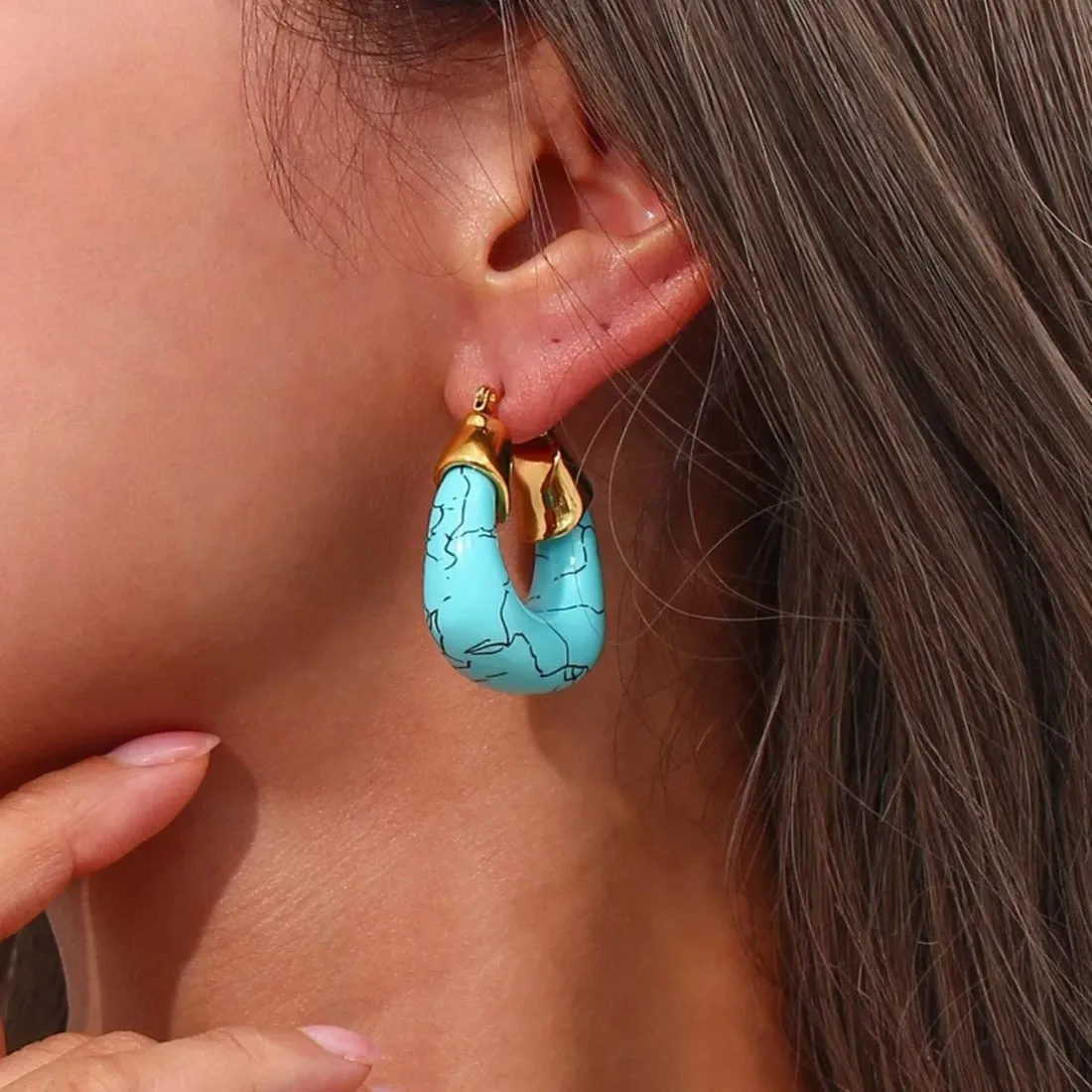 35mm Bold Enamel Turquoise Blue U Shape Hoops Earrings
