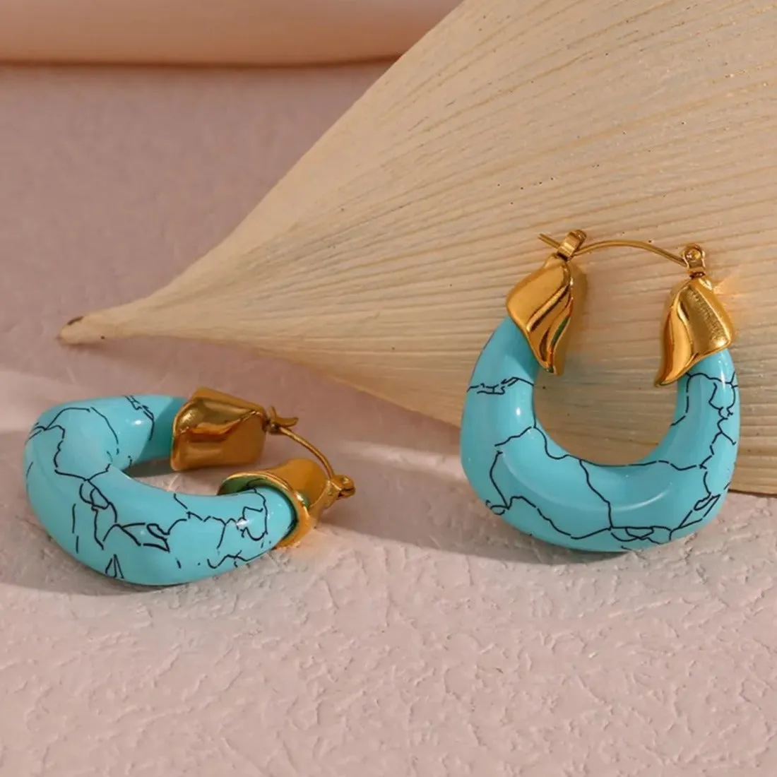 35mm Bold Enamel Turquoise Blue U Shape Hoops Earrings