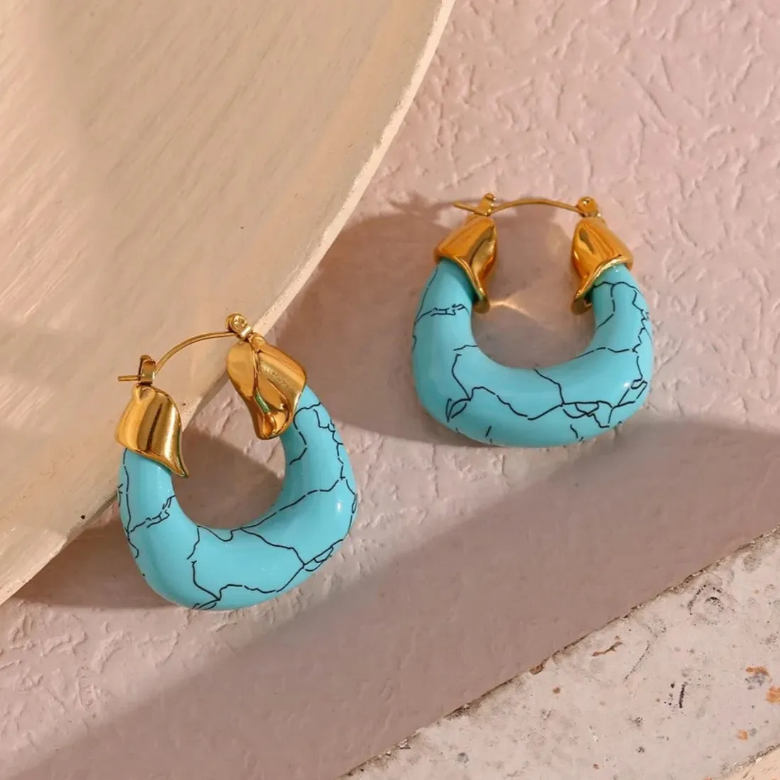 35mm Bold Enamel Turquoise Blue U Shape Hoops Earrings