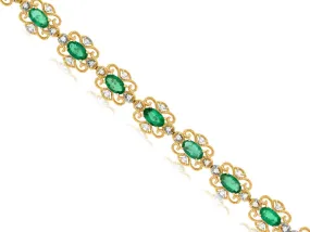4.02CT DIAMOND & AAA EMERALD 14K YELLOW GOLD OVAL & ROUND FLOWER TENNIS BRACELET