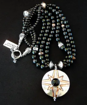 43mm Onyx, Sterling & Copper Pendant with 3 Strands of Black Pearls, Ornate Copper and Sterling