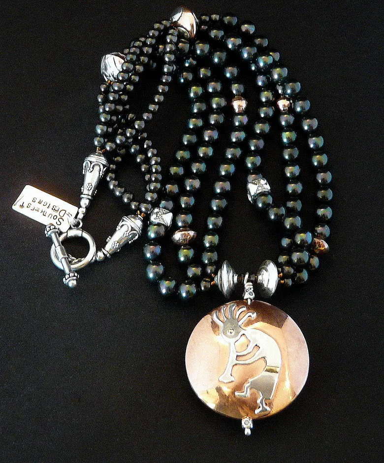 43mm Onyx, Sterling & Copper Pendant with 3 Strands of Black Pearls, Ornate Copper and Sterling