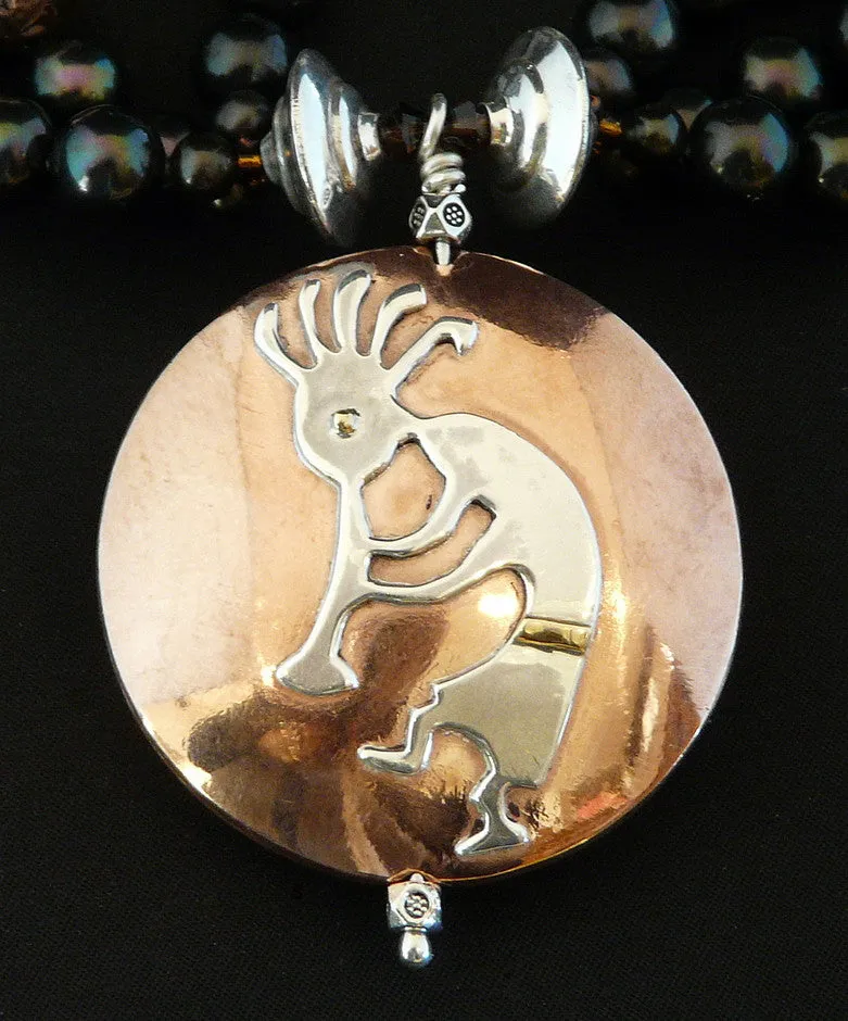 43mm Onyx, Sterling & Copper Pendant with 3 Strands of Black Pearls, Ornate Copper and Sterling