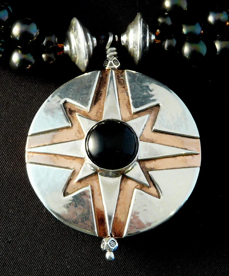 43mm Onyx, Sterling & Copper Pendant with 3 Strands of Black Pearls, Ornate Copper and Sterling