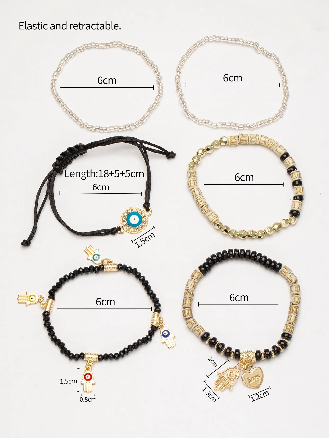 6pcs/set Eye Detail Hamsa Hand & Heart Charm Beaded Bracelet Women's Beaded