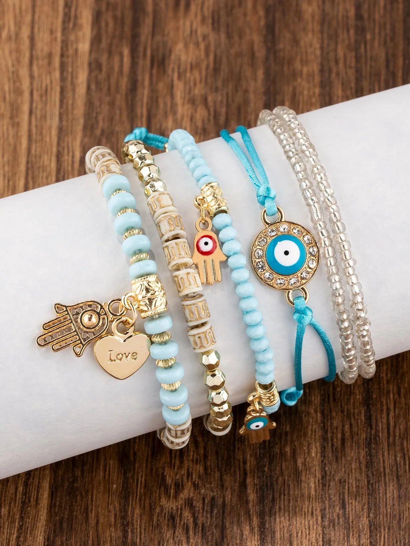 6pcs/set Eye Detail Hamsa Hand & Heart Charm Beaded Bracelet Women's Beaded