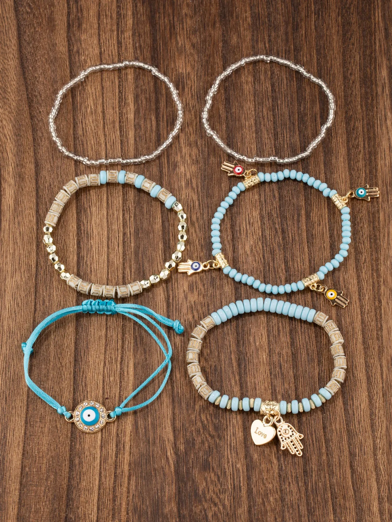 6pcs/set Eye Detail Hamsa Hand & Heart Charm Beaded Bracelet Women's Beaded
