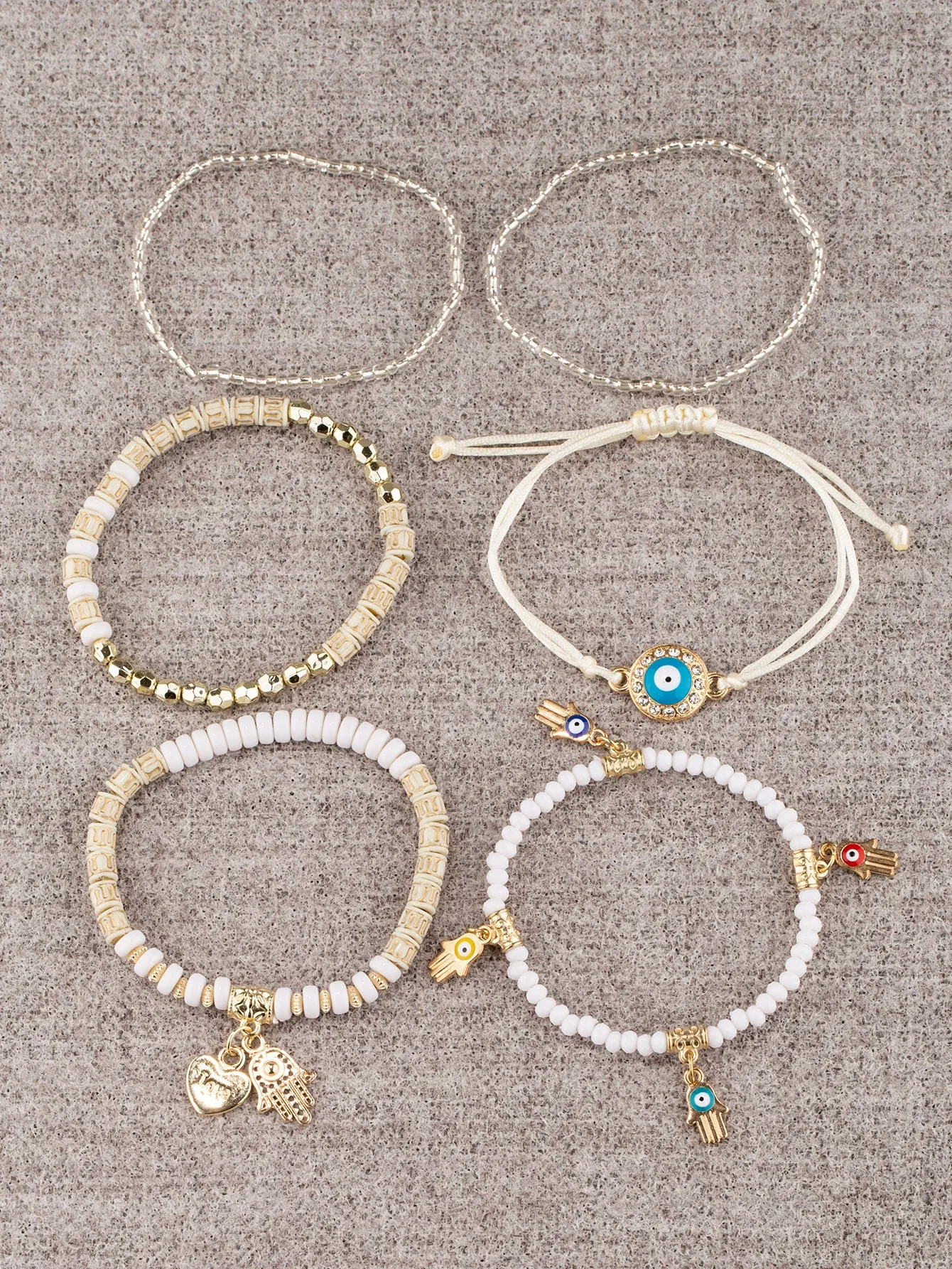 6pcs/set Eye Detail Hamsa Hand & Heart Charm Beaded Bracelet Women's Beaded