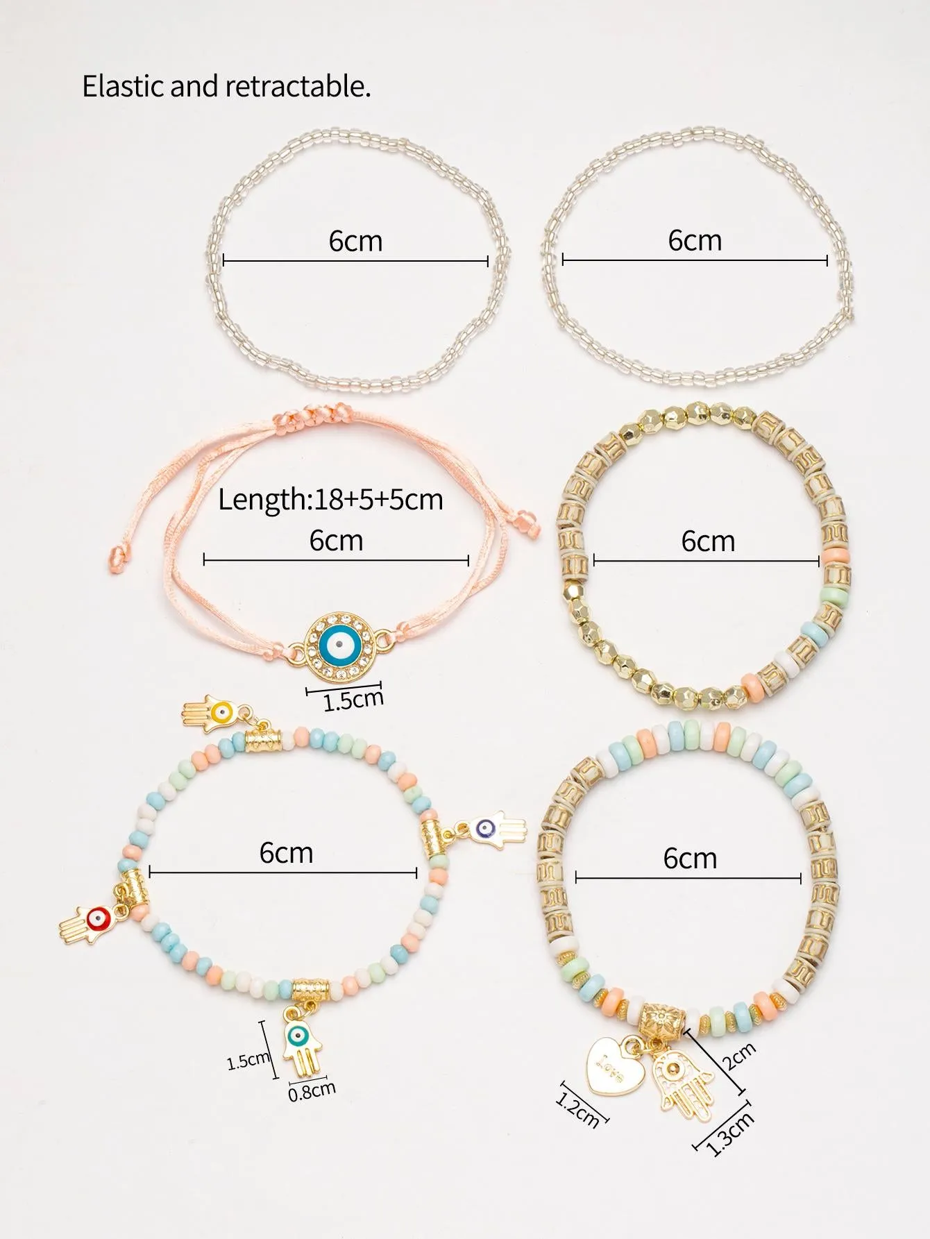 6pcs/set Eye Detail Hamsa Hand & Heart Charm Beaded Bracelet Women's Beaded