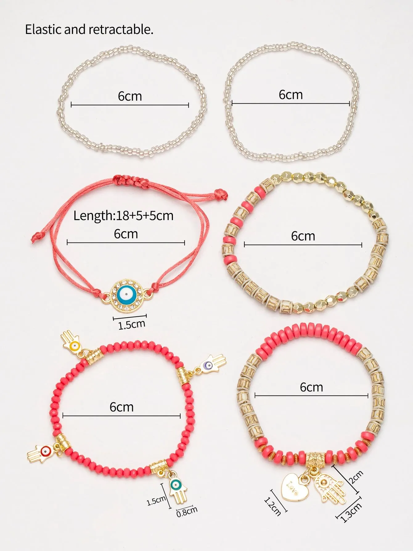 6pcs/set Eye Detail Hamsa Hand & Heart Charm Beaded Bracelet Women's Beaded