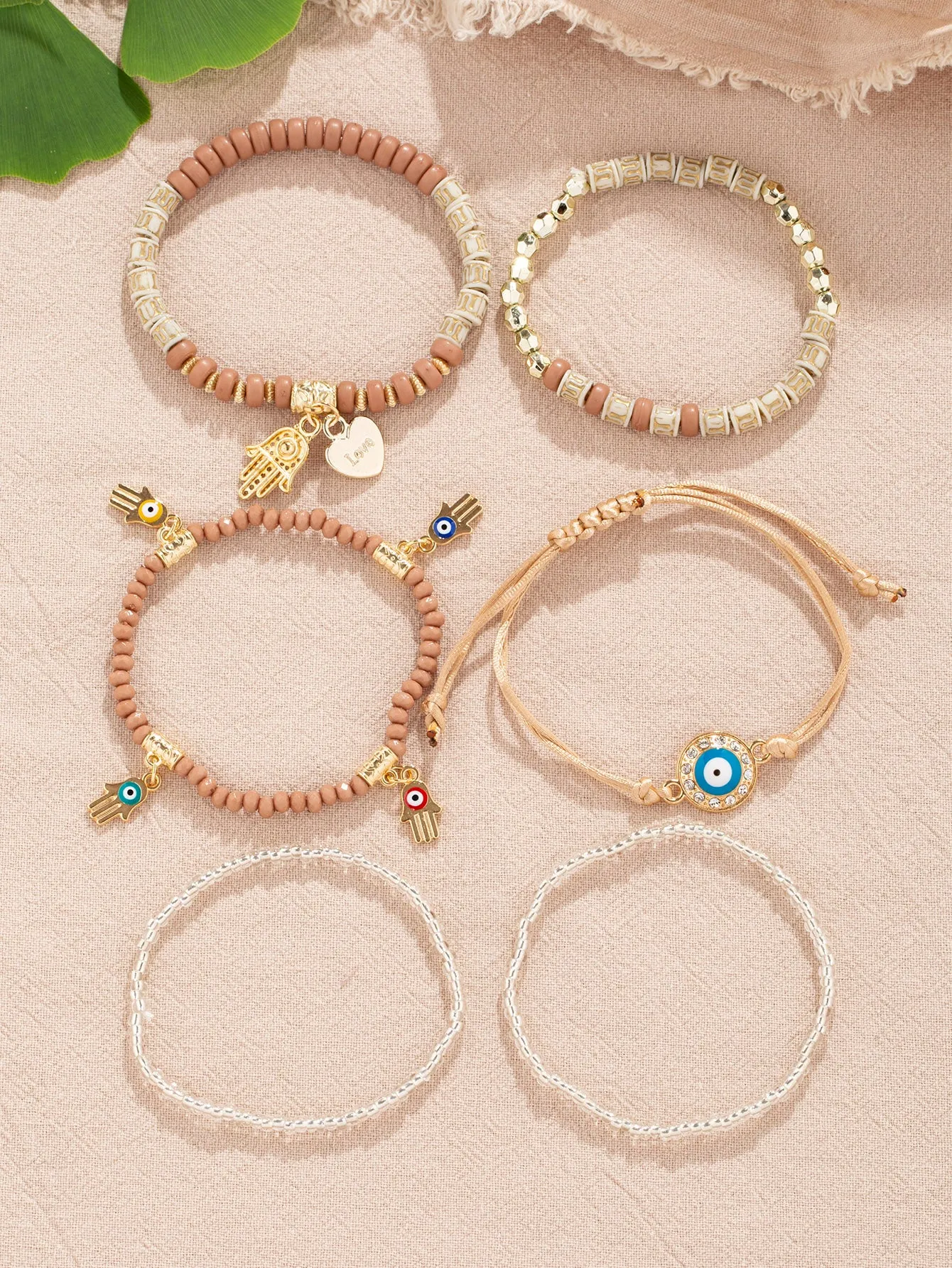 6pcs/set Eye Detail Hamsa Hand & Heart Charm Beaded Bracelet Women's Beaded