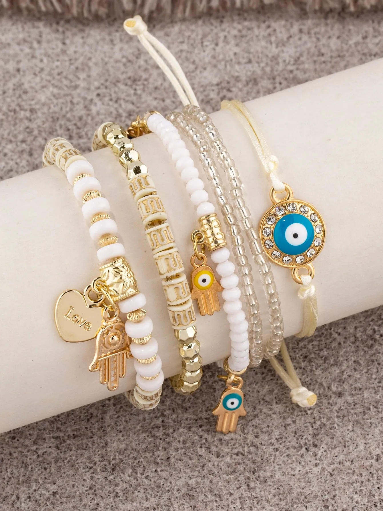 6pcs/set Eye Detail Hamsa Hand & Heart Charm Beaded Bracelet Women's Beaded
