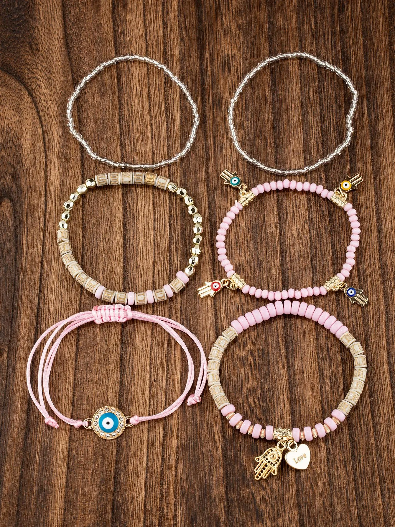 6pcs/set Eye Detail Hamsa Hand & Heart Charm Beaded Bracelet Women's Beaded