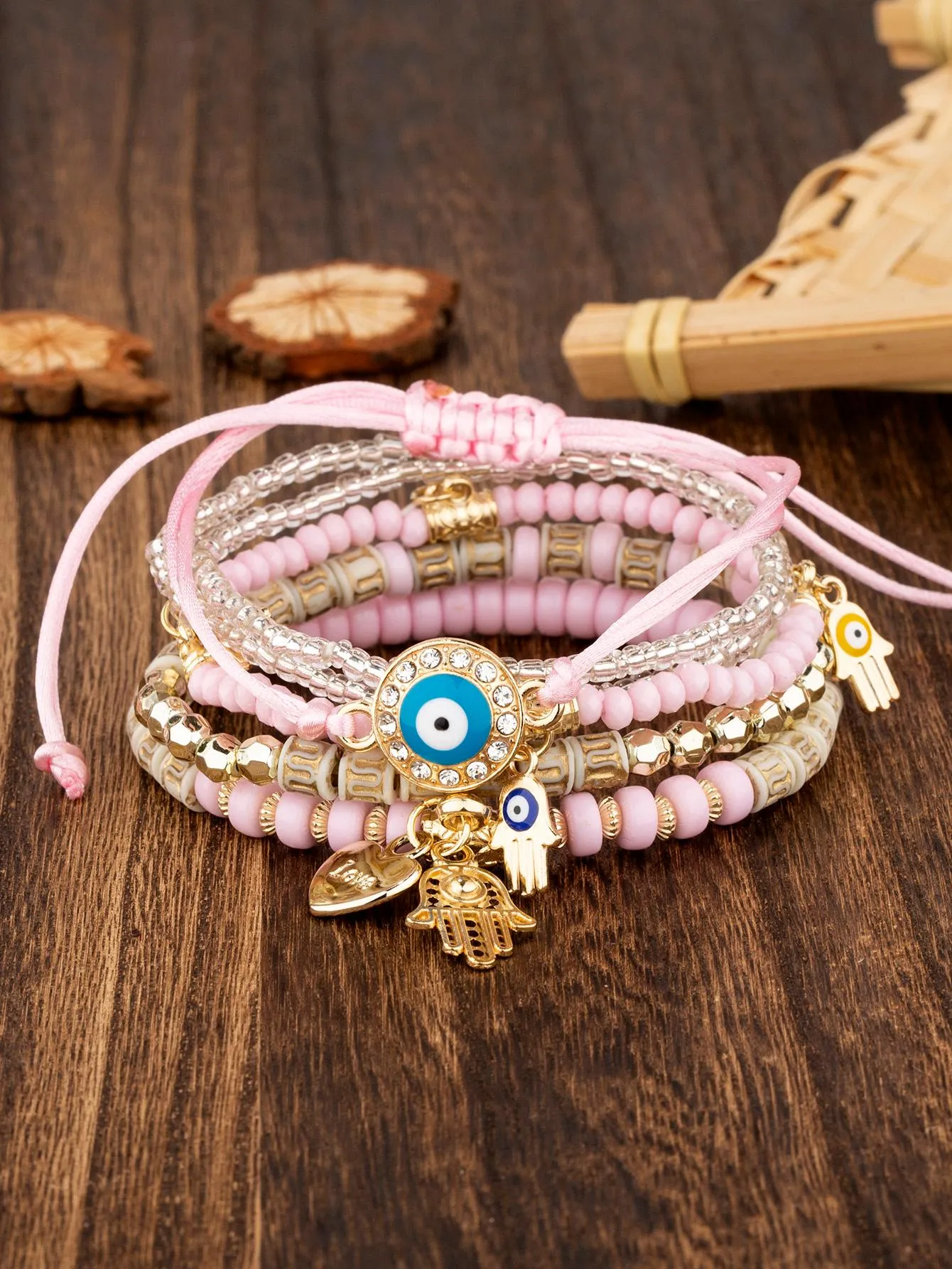 6pcs/set Eye Detail Hamsa Hand & Heart Charm Beaded Bracelet Women's Beaded
