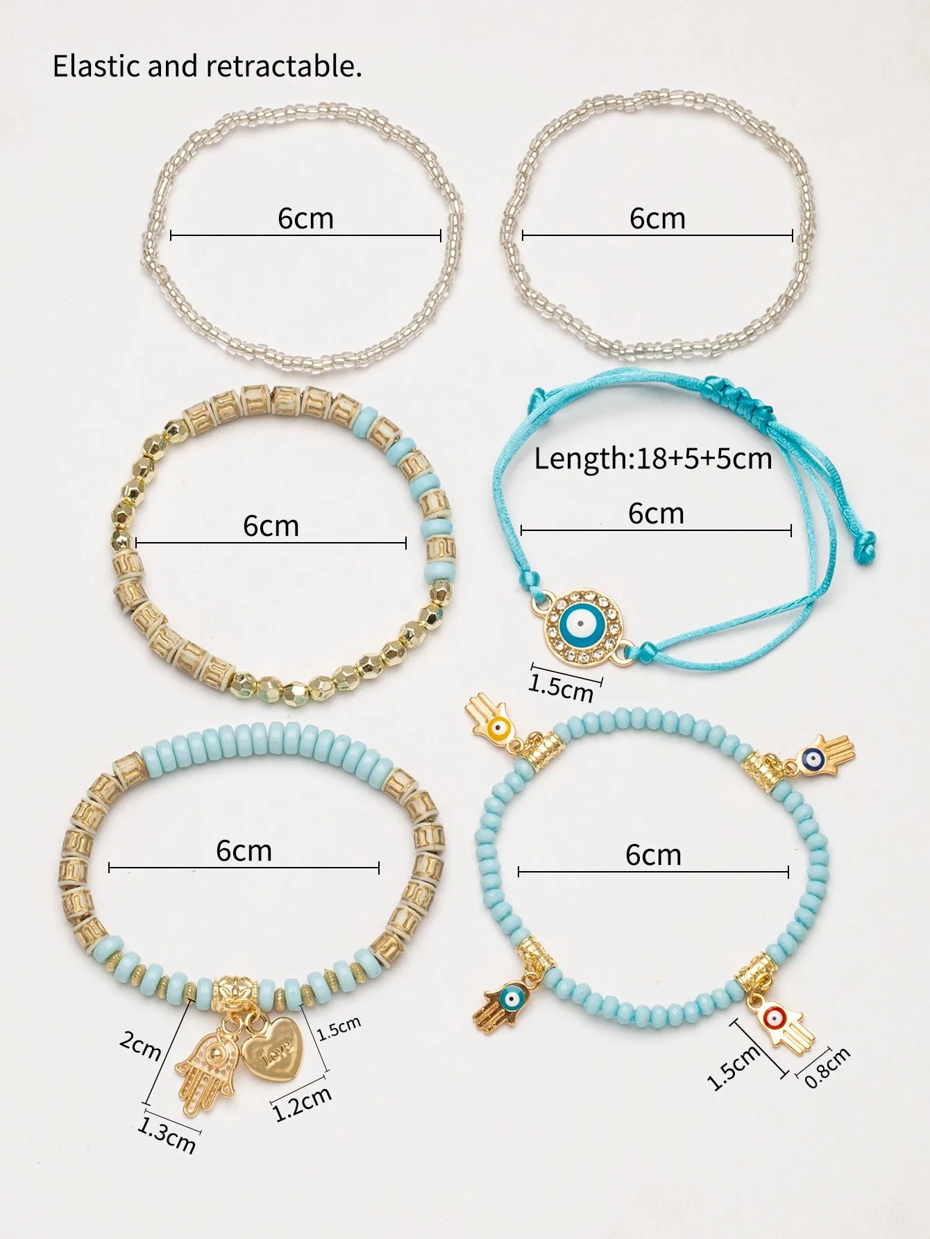 6pcs/set Eye Detail Hamsa Hand & Heart Charm Beaded Bracelet Women's Beaded