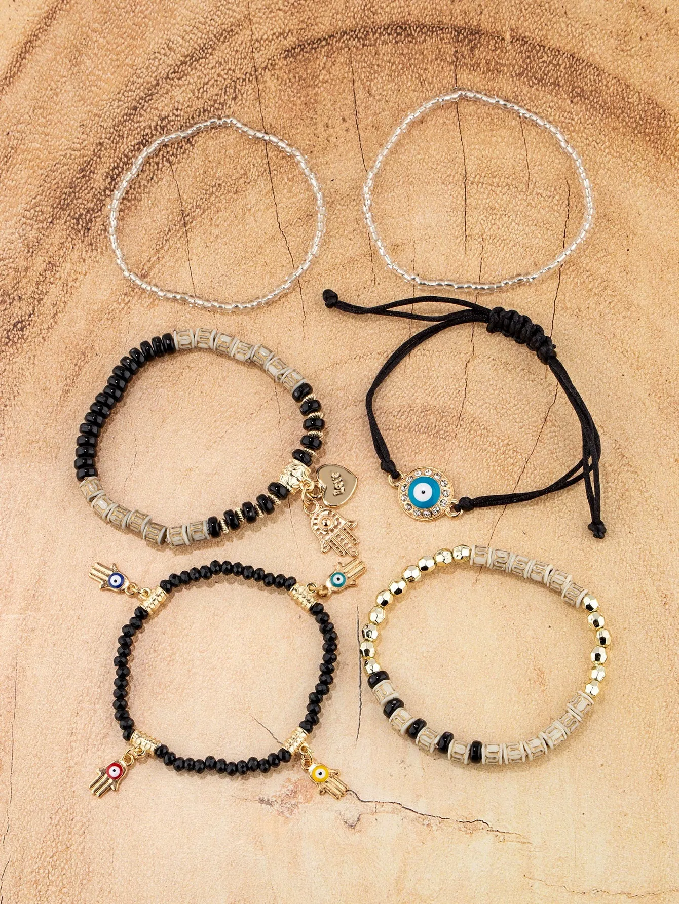 6pcs/set Eye Detail Hamsa Hand & Heart Charm Beaded Bracelet Women's Beaded