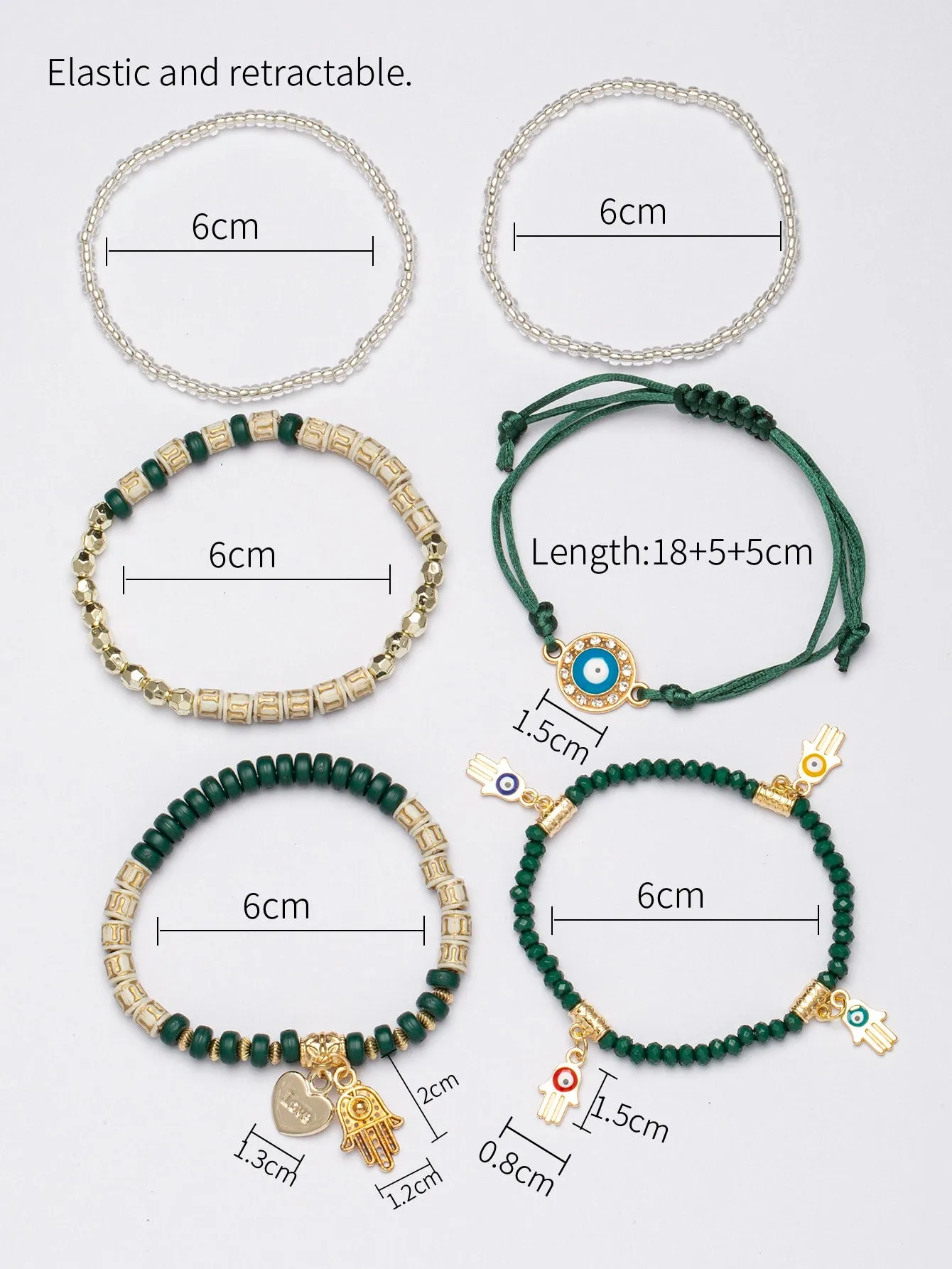 6pcs/set Eye Detail Hamsa Hand & Heart Charm Beaded Bracelet Women's Beaded