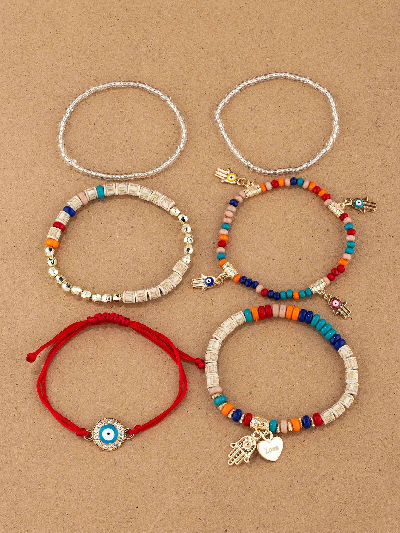 6pcs/set Eye Detail Hamsa Hand & Heart Charm Beaded Bracelet Women's Beaded