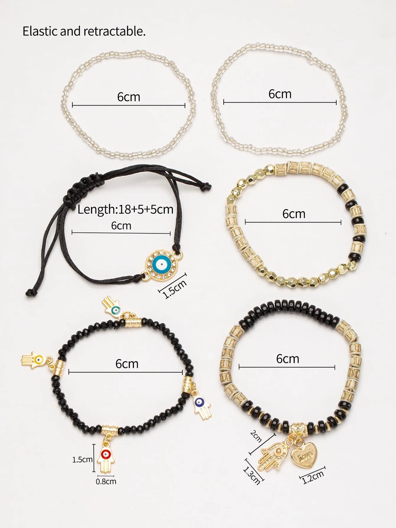 6pcs/set Eye Detail Hamsa Hand & Heart Charm Beaded Bracelet Women's Beaded