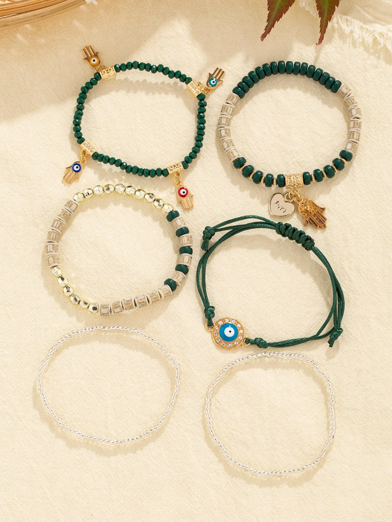 6pcs/set Eye Detail Hamsa Hand & Heart Charm Beaded Bracelet Women's Beaded