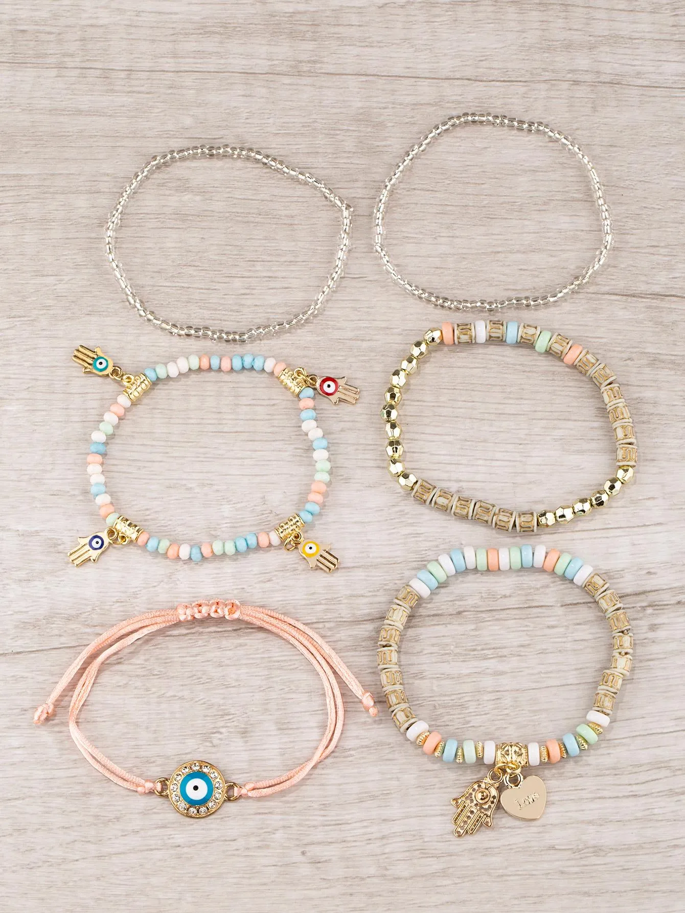 6pcs/set Eye Detail Hamsa Hand & Heart Charm Beaded Bracelet Women's Beaded