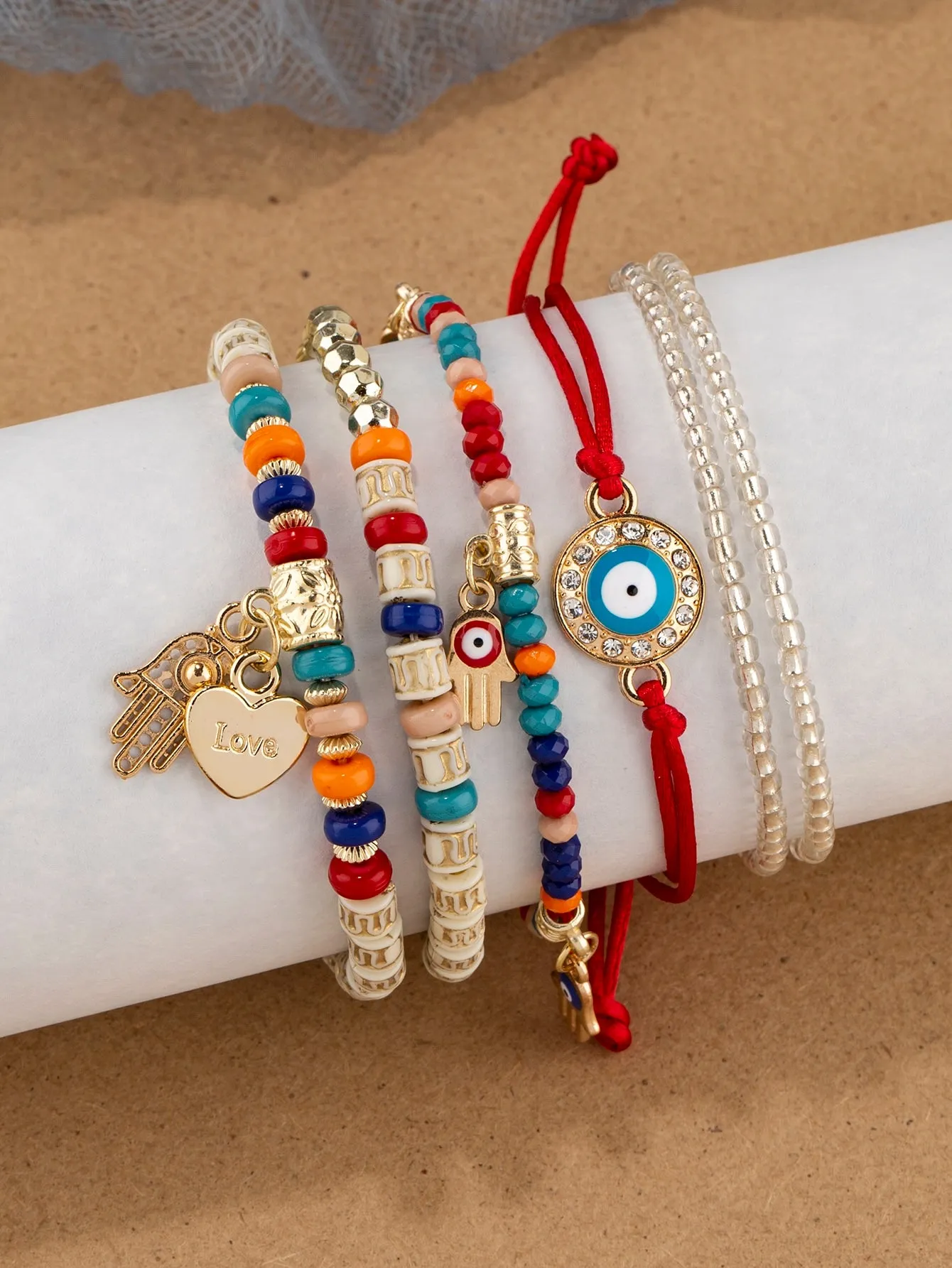 6pcs/set Eye Detail Hamsa Hand & Heart Charm Beaded Bracelet Women's Beaded