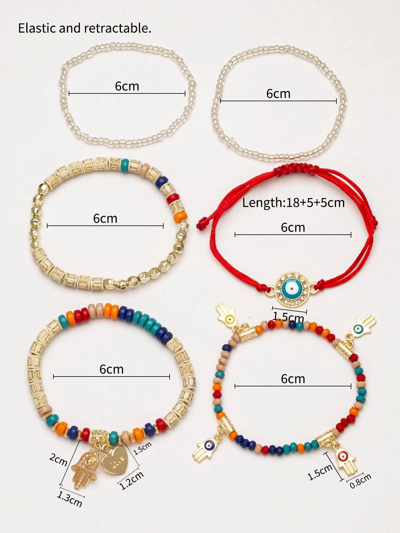6pcs/set Eye Detail Hamsa Hand & Heart Charm Beaded Bracelet Women's Beaded