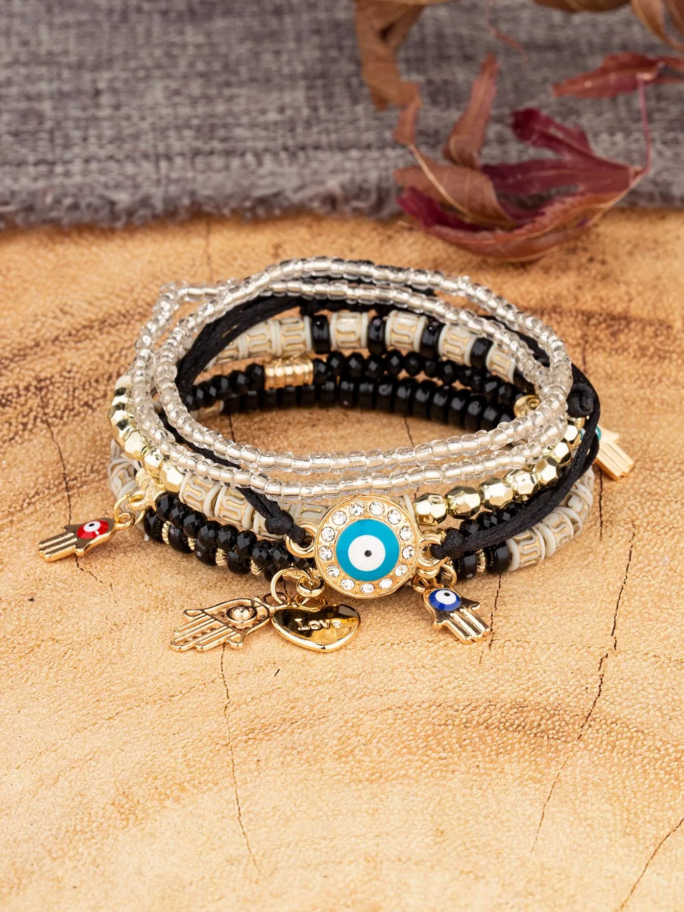 6pcs/set Eye Detail Hamsa Hand & Heart Charm Beaded Bracelet Women's Beaded