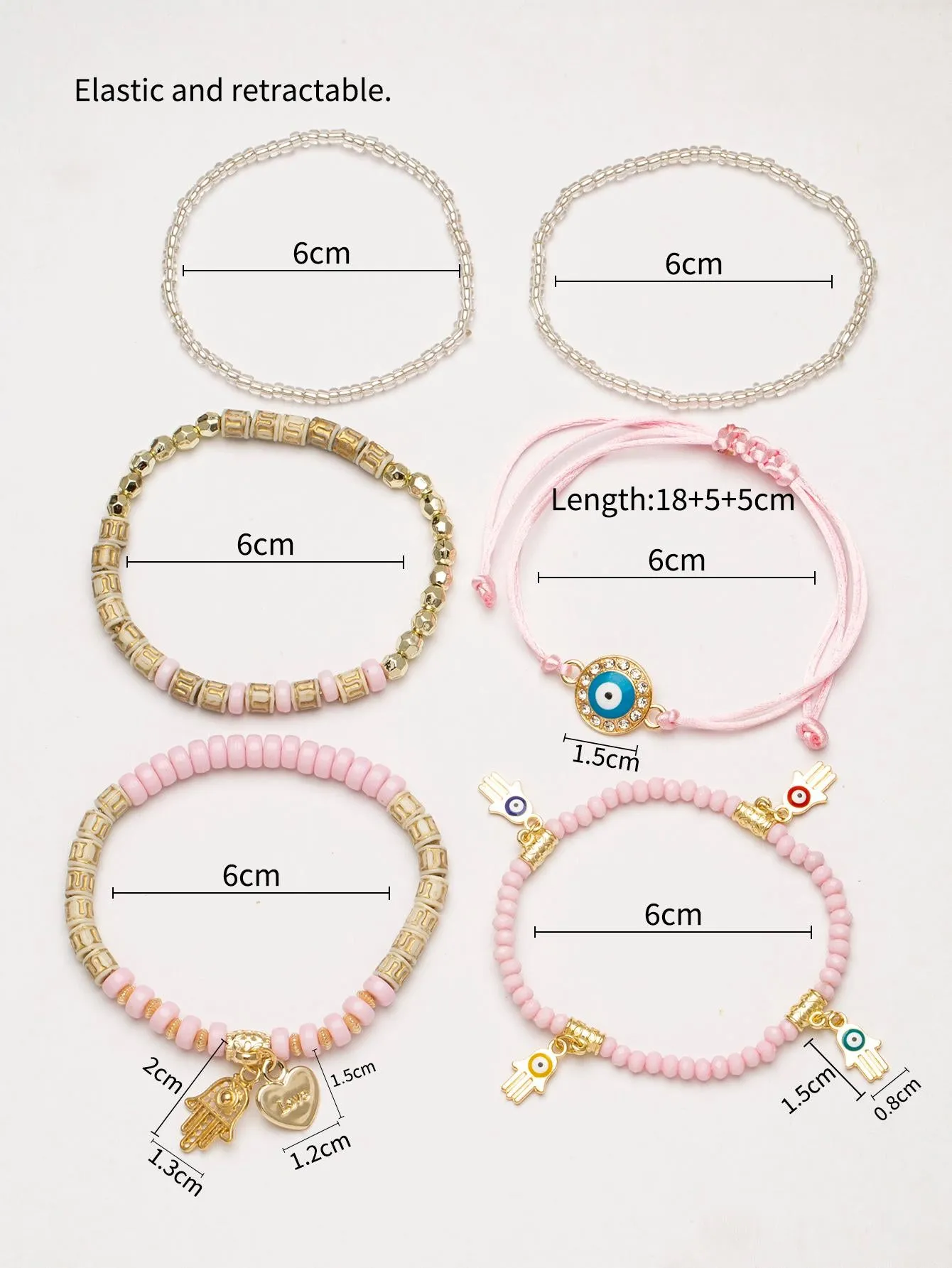 6pcs/set Eye Detail Hamsa Hand & Heart Charm Beaded Bracelet Women's Beaded