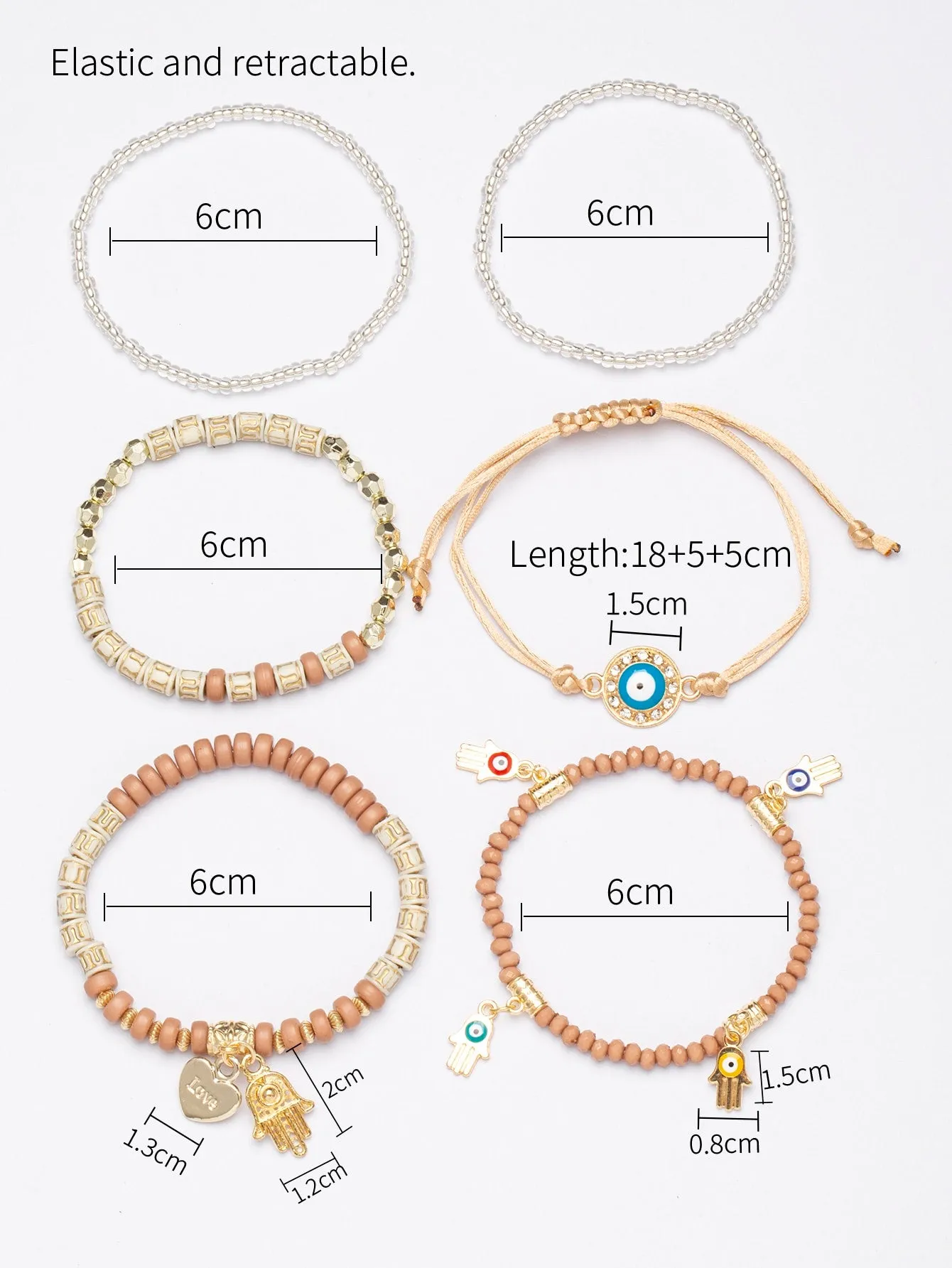 6pcs/set Eye Detail Hamsa Hand & Heart Charm Beaded Bracelet Women's Beaded