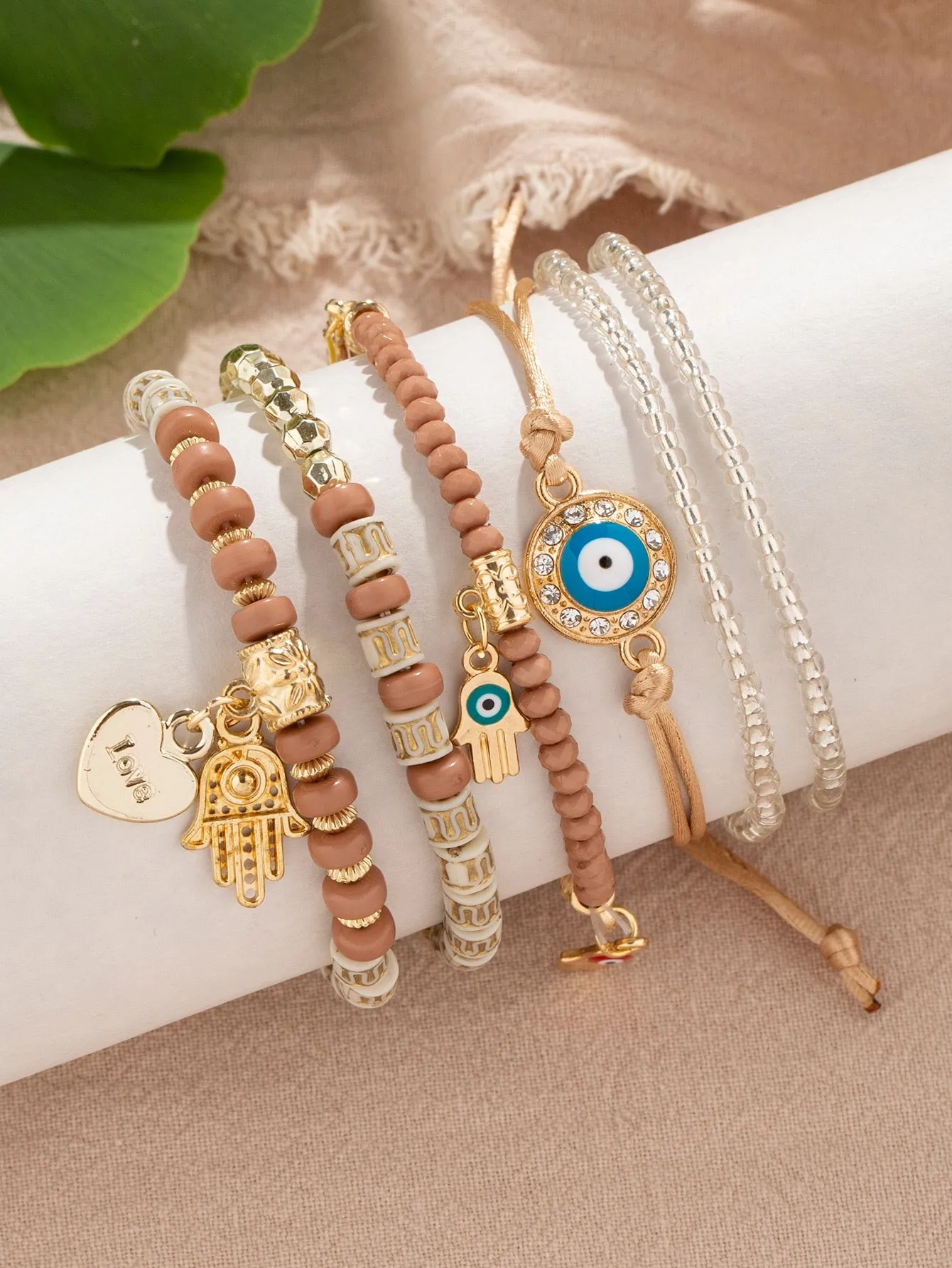 6pcs/set Eye Detail Hamsa Hand & Heart Charm Beaded Bracelet Women's Beaded