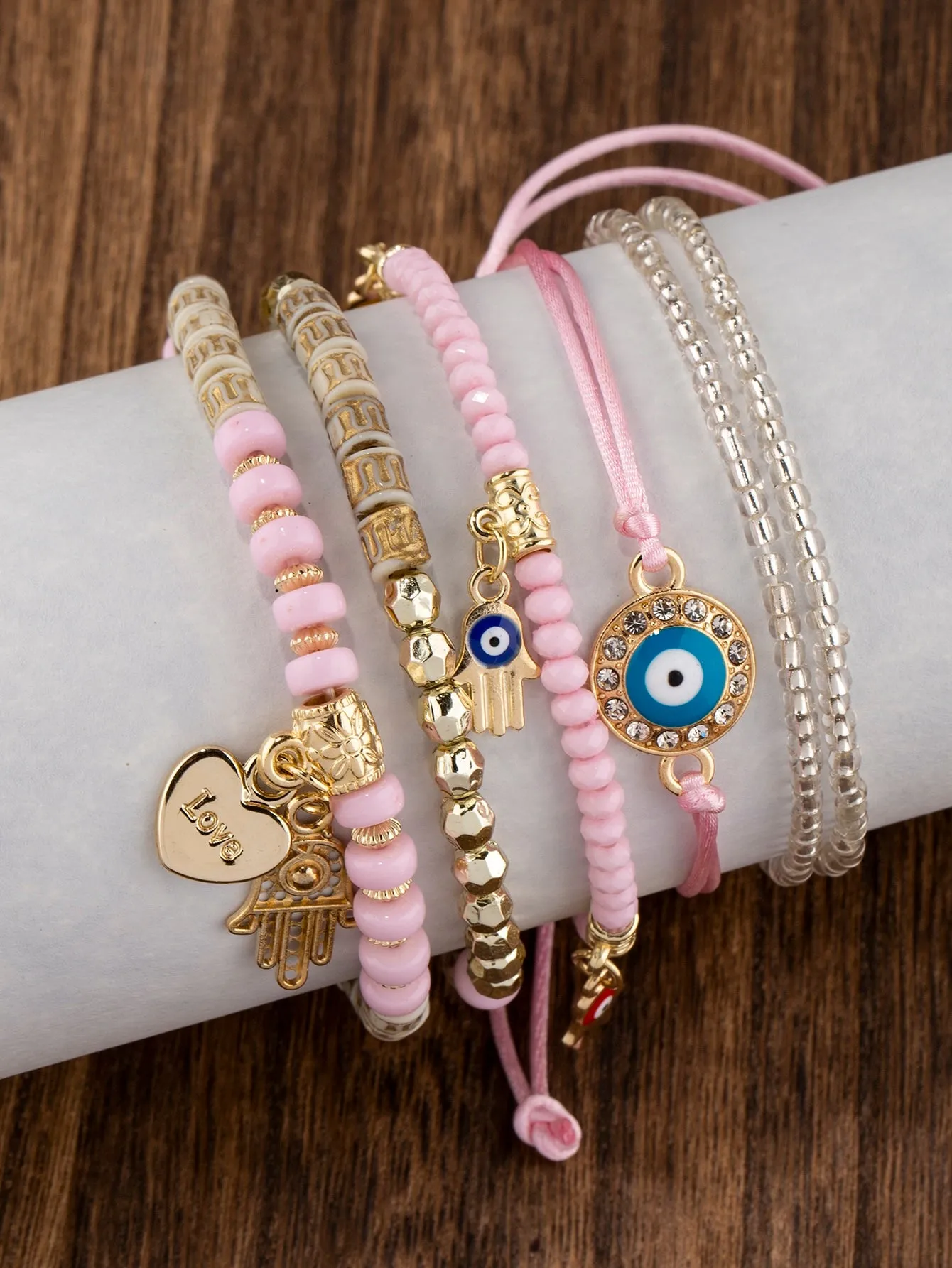 6pcs/set Eye Detail Hamsa Hand & Heart Charm Beaded Bracelet Women's Beaded