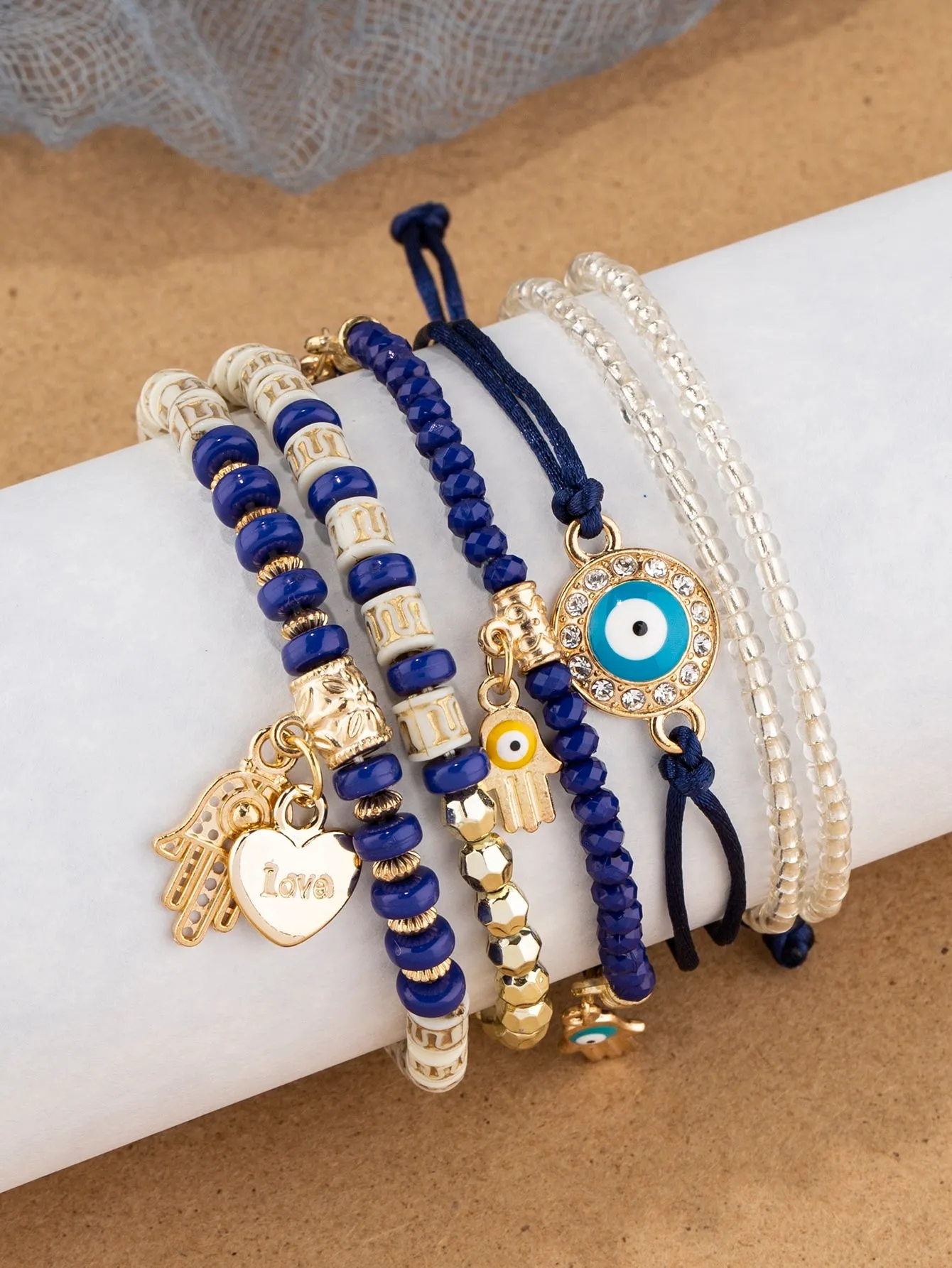 6pcs/set Eye Detail Hamsa Hand & Heart Charm Beaded Bracelet Women's Beaded