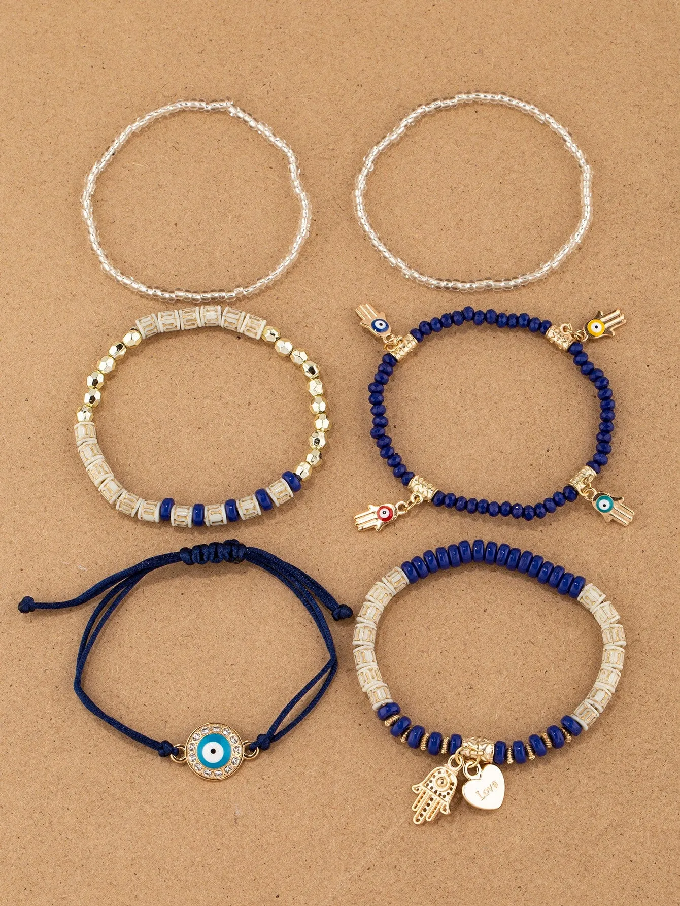 6pcs/set Eye Detail Hamsa Hand & Heart Charm Beaded Bracelet Women's Beaded