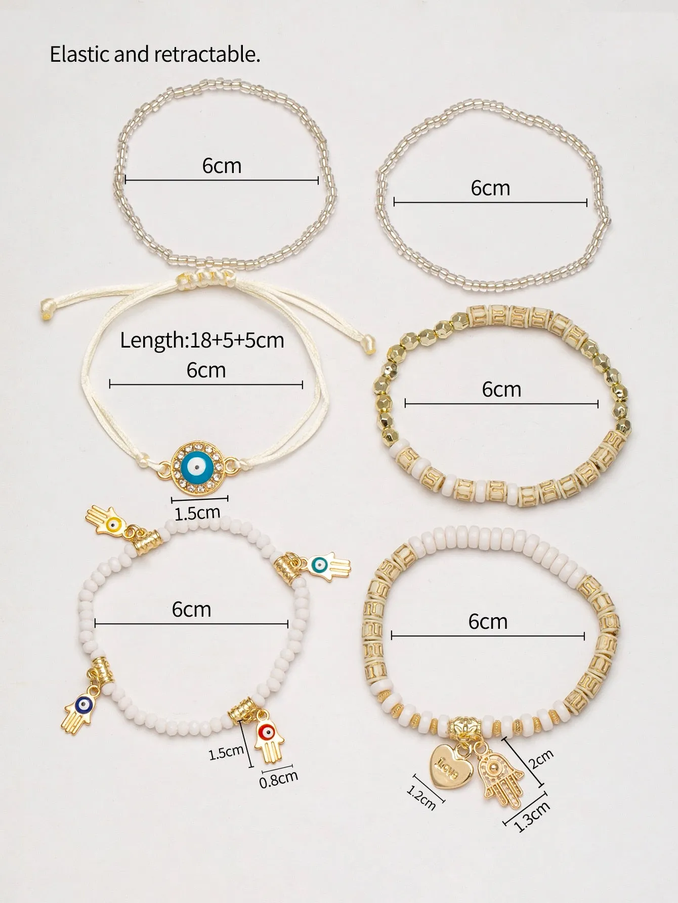 6pcs/set Eye Detail Hamsa Hand & Heart Charm Beaded Bracelet Women's Beaded